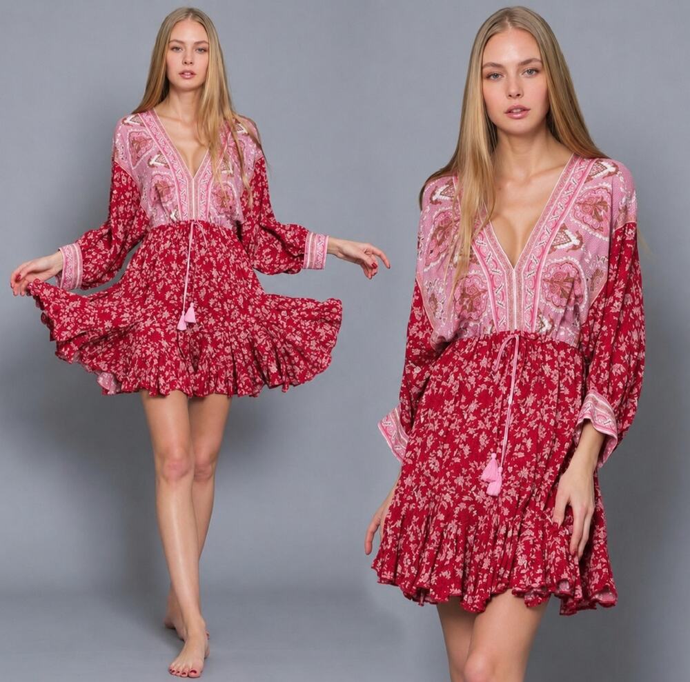 Aakaa Boho V Neck Tassel Flowy Mini Dress Red Pink Size Large